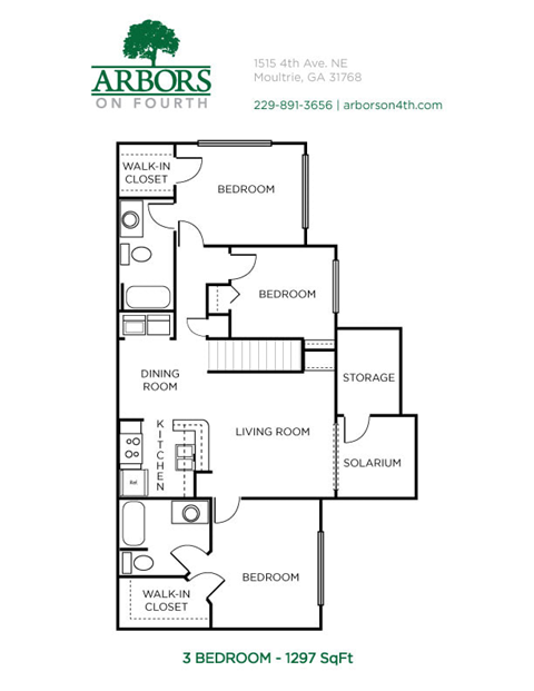 Floor plan for 3 beds, 2 baths, 1297 sqft